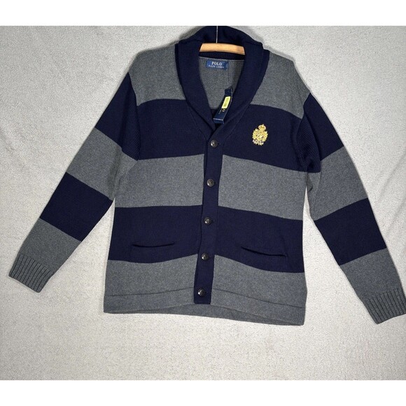 NWT Polo Ralph Lauren Shawl Cardigan Men Size L Navy Blue Gray Polo Crest $148 - Picture 1 of 16